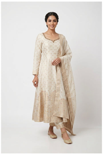 Ivory Zari Woven Anarkali Pant Set With Dupatta