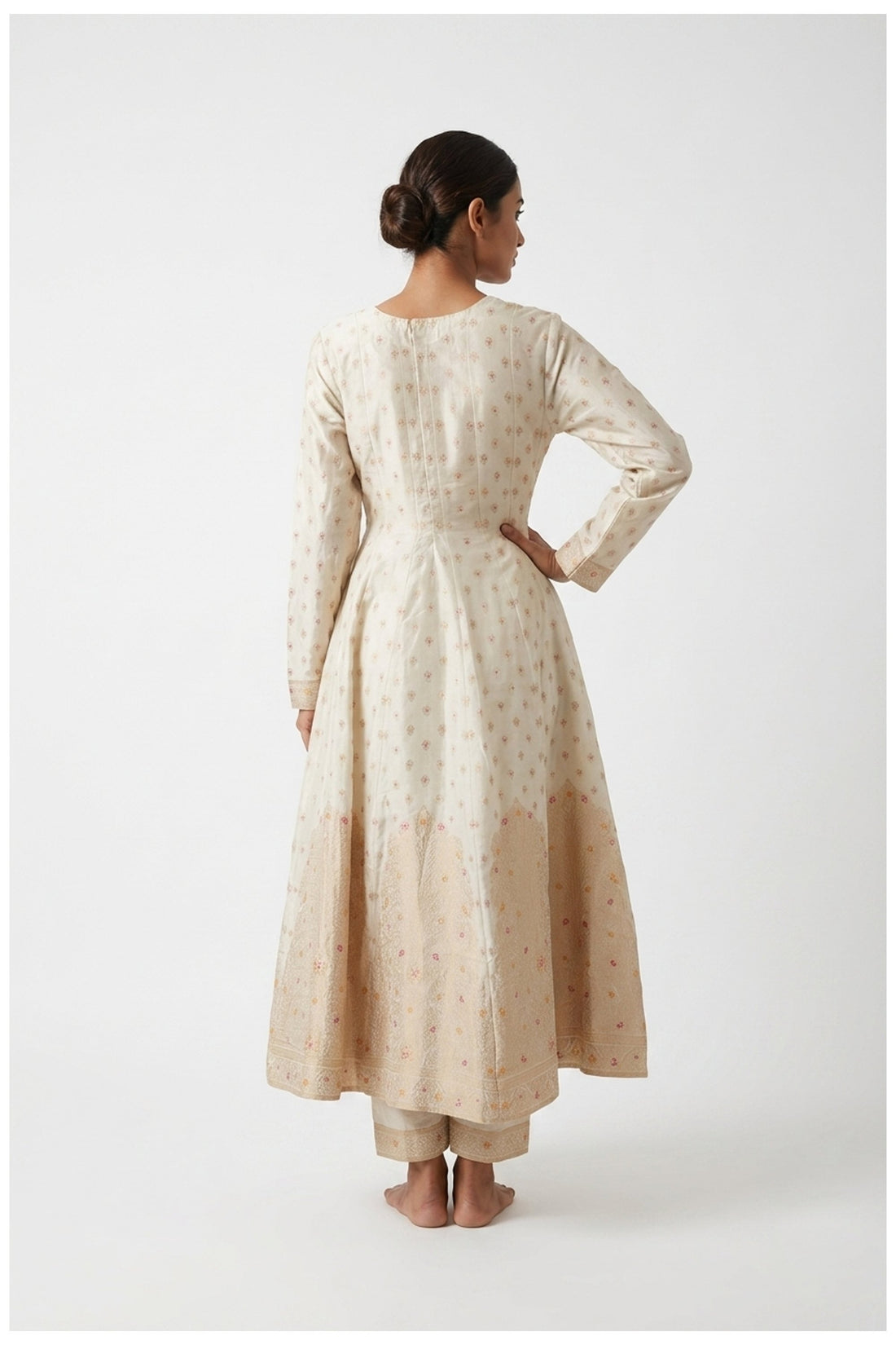 Ivory Zari Woven Anarkali Pant Set With Dupatta