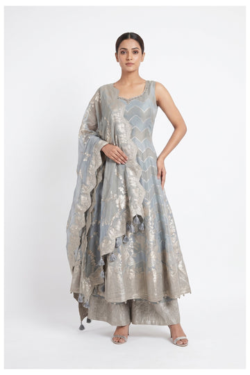 Ice Blue Zari Woven Anarkali Palazzo Set With Dupatta