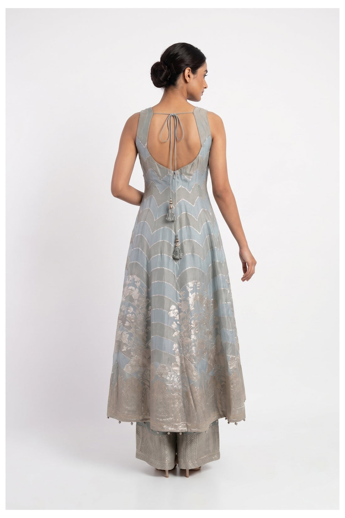 Ice Blue Zari Woven Anarkali Palazzo Set With Dupatta