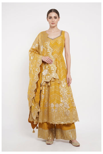 Mustard Yellow Zari Woven Anarkali Palazzo Set With Dupatta