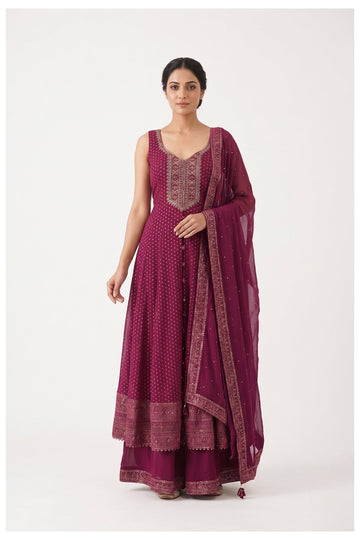 Wine Embroidered Anarkali Palazzo Set With Dupatta
