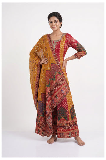 Mustard & Maroon Heritage Print Designer Palazzo Suit Set With Dupatta