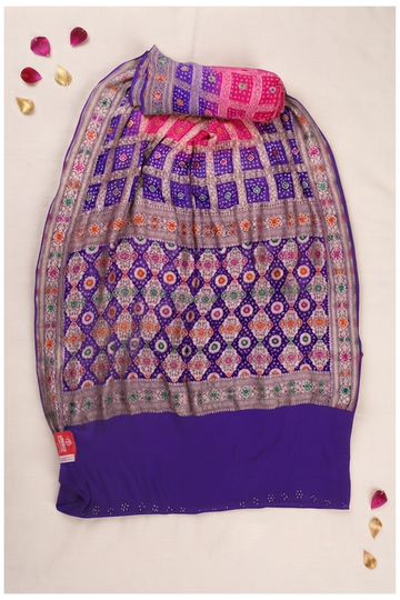 Rani Pink And Royal Purple Ombre Banarasi Bandhni Pure Silk Wedding Saree