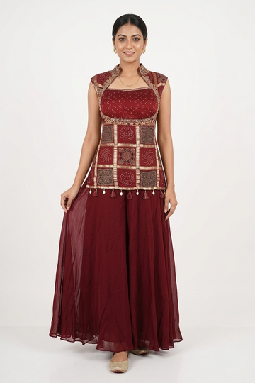 Maroon Embroidered Indo-Western Jacket Style Lehenga Set