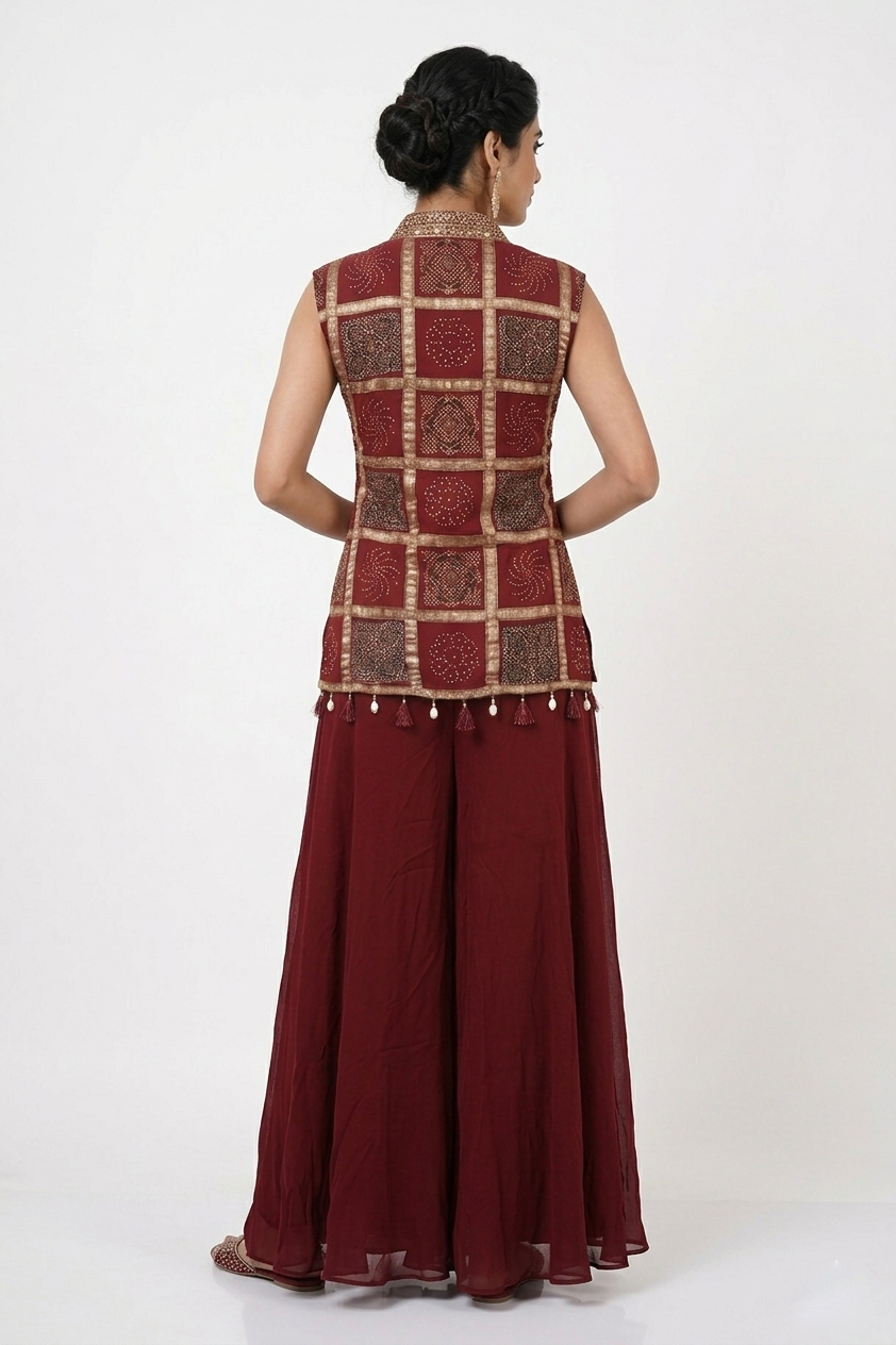 Maroon Embroidered Indo-Western Jacket Style Lehenga Set