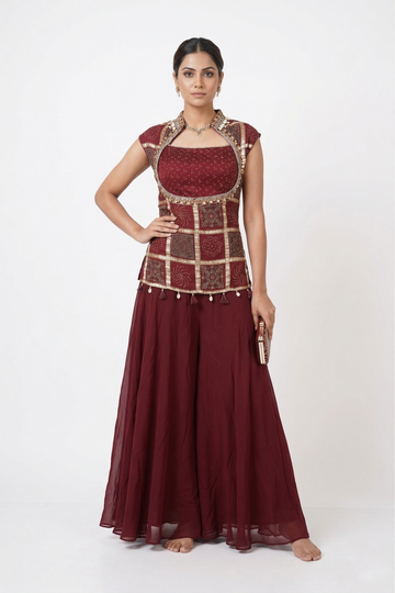 Royal Maroon Designer Sharara Set With Embroidered Peplum Top