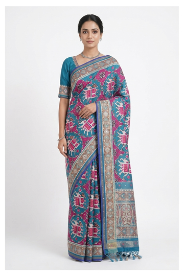Teal Patola Pure Art Silk Wedding Party Wear Saree
