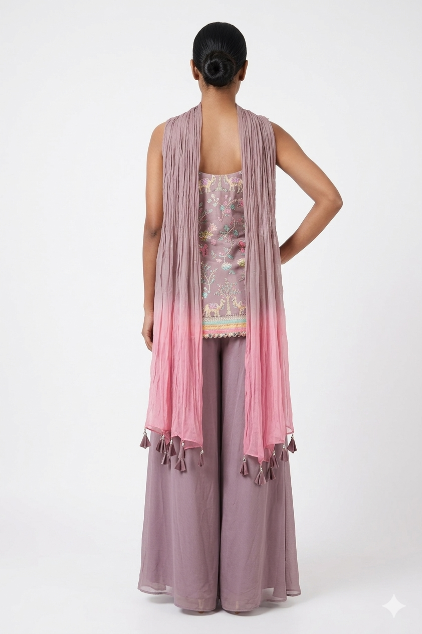 Dark  Lavender  Elephant Motif Embroidered Kurta Set With Flared Skirt & Ombre Dupatta