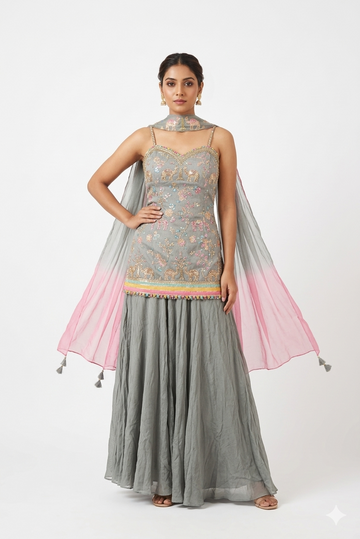 Grey Elephant Motif Embroidered Kurta Set With Flared Skirt & Ombre Dupatta