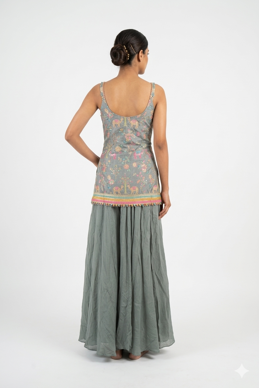 Grey Elephant Motif Embroidered Kurta Set With Flared Skirt & Ombre Dupatta