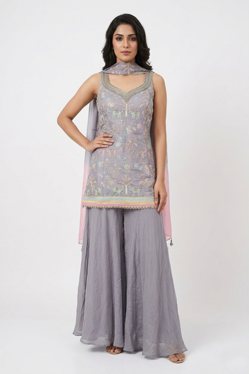 Light Lavender Embroidered Kurta Palazzo Set With Dupatta