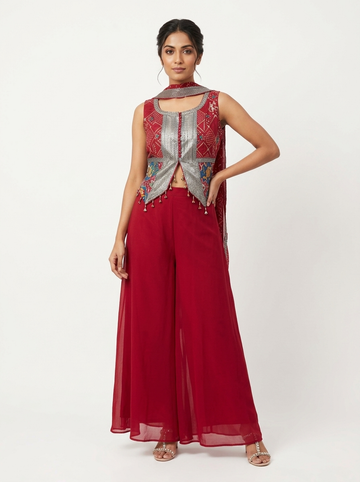 Rust Red Indo-Western Palazzo Set With Embroidered Jacket Top