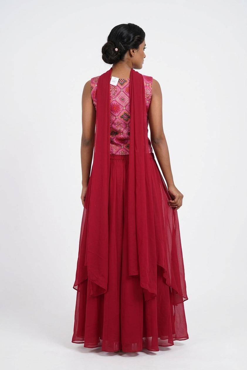 Rust Red Indo-Western Palazzo Set With Embroidered Jacket Top