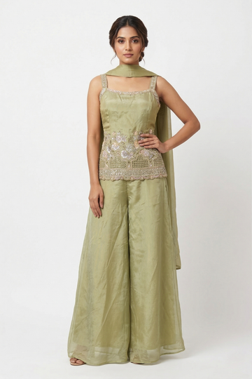 Pista Green Embroidered Peplum Top with Flared Palazzo Set