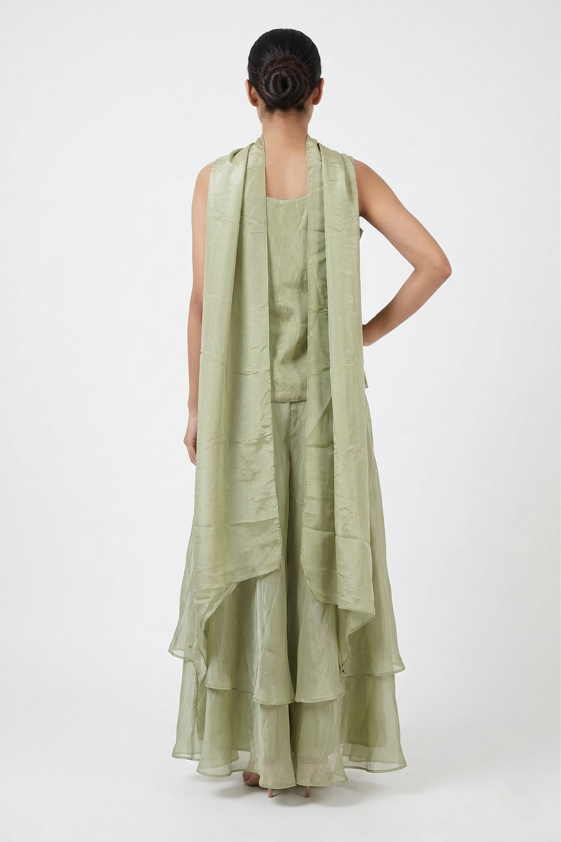 Pista Green Embroidered Peplum Top with Flared Palazzo Set