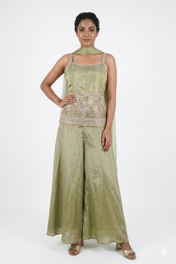 Olive Green Embroidered Indo-western Co-ord Set With Cape Dupatta