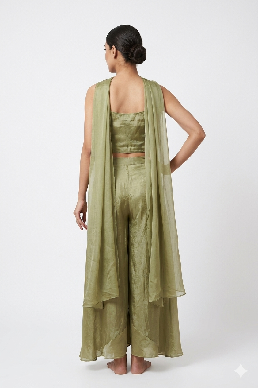 Olive Green Embroidered Indo-western Co-ord Set With Cape Dupatta