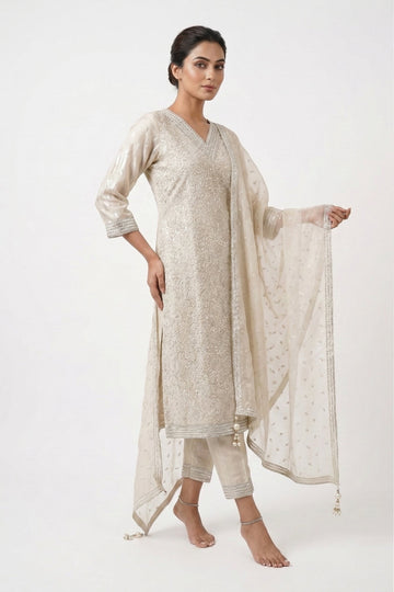 Ivory Pearl Embroidered Festive Suit Set With Dupatta