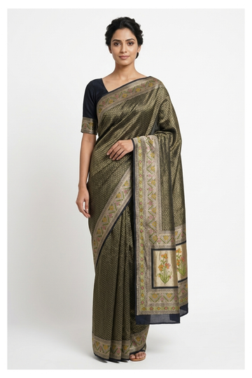 Deep Olive Green Banarasi Art Silk Wedding Saree