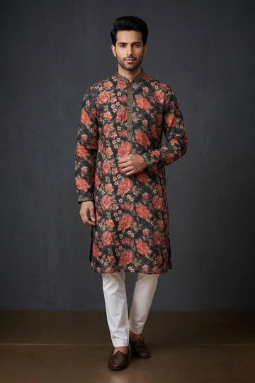 Midnight Black Floral Printed Festive Kurta For Men