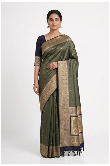 Charcoal Grey Banarasi Art Silk Wedding Party Saree