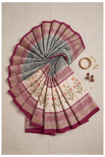 Silver Grey Banarasi Art Silk Crepe Wedding Party Wear Saree