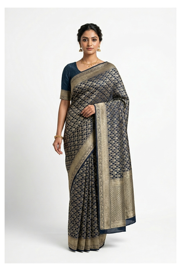Navy Blue Banarasi Pure Silk Wedding Saree