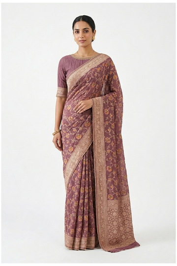 Mauve Pure Silk Georgette Banarasi Wedding Saree