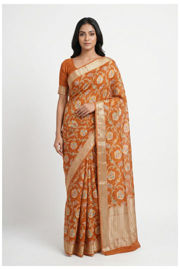 Rust Pure Silk Banarasi Georgette Party Wear Saree