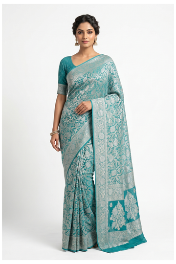 Teal Banarasi Pure Silk Georgette Wedding Saree