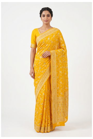 Golden Yellow Banarasi Pure Silk Wedding Saree