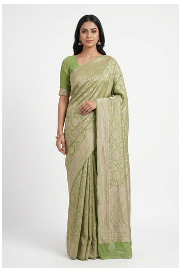 Lime Green Banarasi Pure Silk Wedding Saree