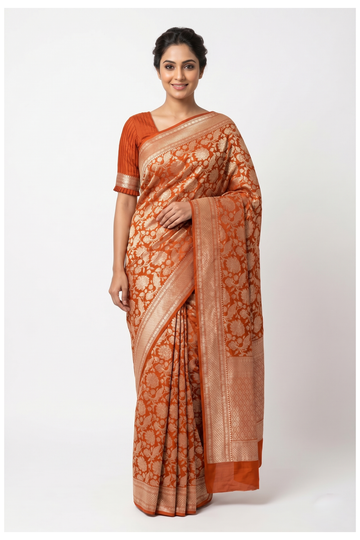 Rust Pure Silk Banarasi Wedding Saree
