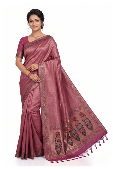 Rose Pink Banarasi Silk Saree With Floral Designer Pallu