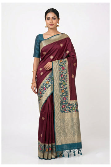 Wine & Teal Banarasi Silk Saree
