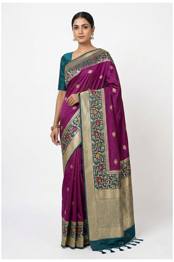 Magenta & Teal Banarasi Silk Saree
