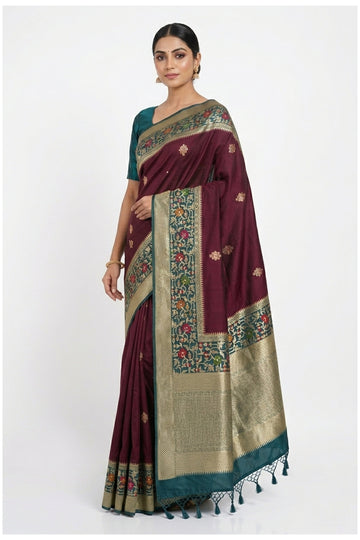 Wine & Teal Banarasi Silk Saree