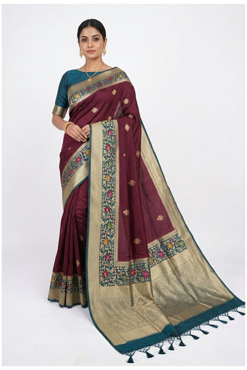 Wine Maroon & Teal Banarasi Silk Saree