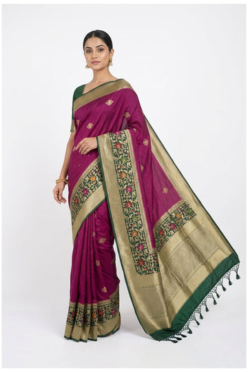 Magenta Pink  & Green Banarasi Silk Saree