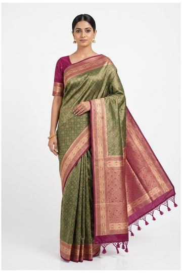 Olive Green & Magenta Banarasi Silk Saree