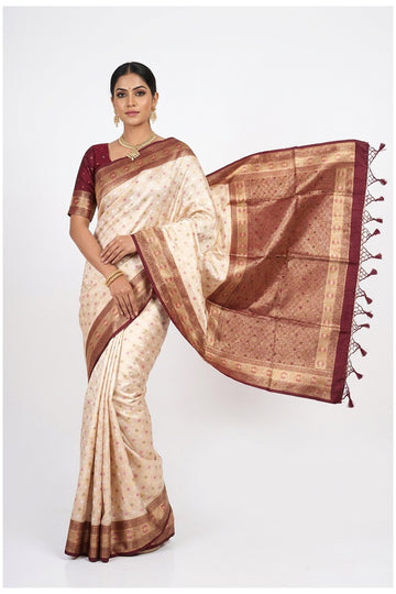 Cream & Maroon Banarasi Silk Saree