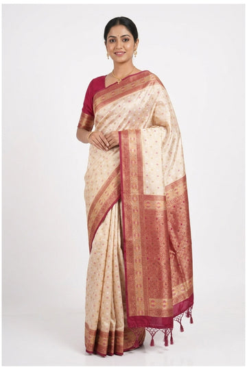 Cream & Rani Pink Banarasi Silk Saree