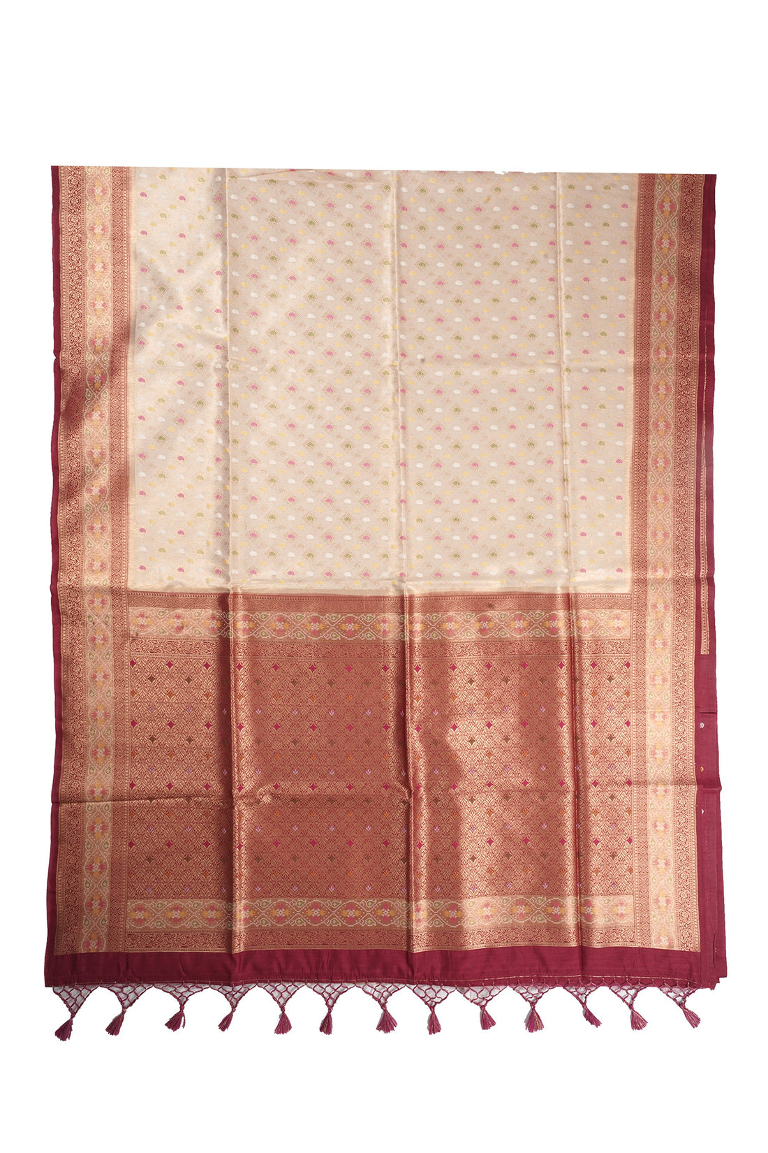 Cream & Rani Pink Banarasi Silk Saree