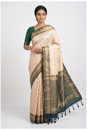 Cream & Emerald Green Banarasi Silk Saree