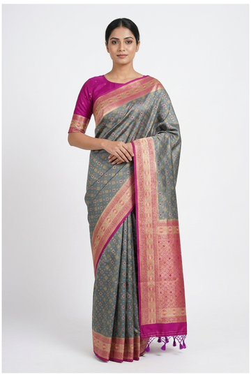 Grey Teal Banarasi Art Silk Wedding Saree