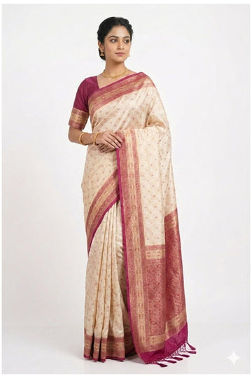 Cream & Rani Pink Banarasi Silk Saree