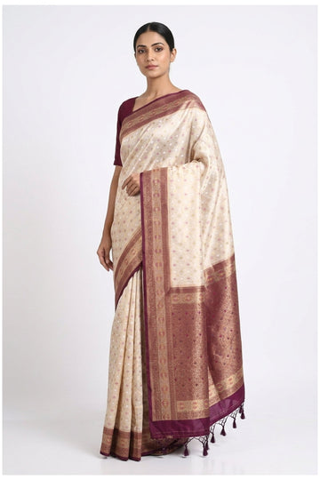 Cream & Wine Banarasi Silk Saree With Wine Border
