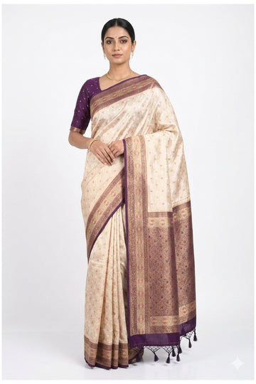 Cream Banarasi Silk Saree With Purple Border