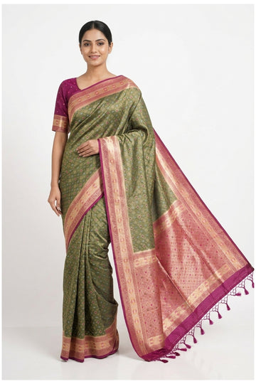 Olive Green & Pink Banarasi Silk Saree With Pink Border